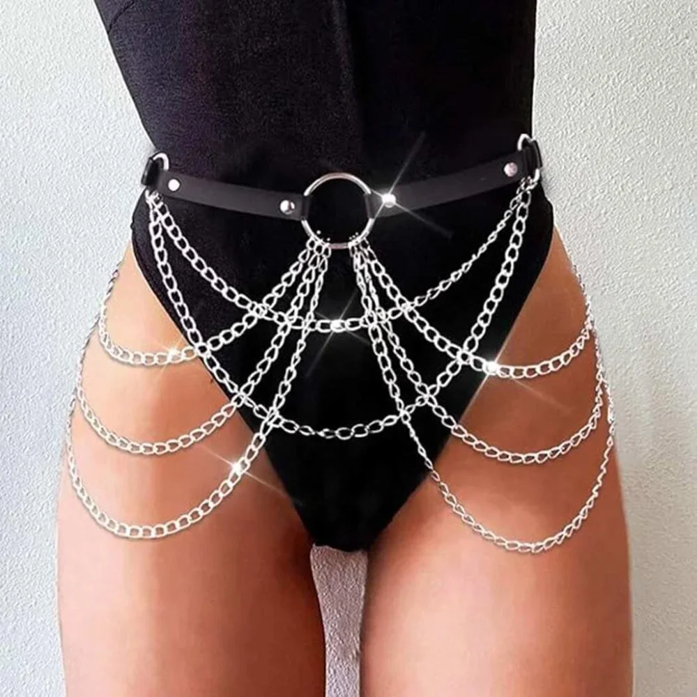 Black Leather Waist Chain Belt Rave Goth Body Jewelry for Women